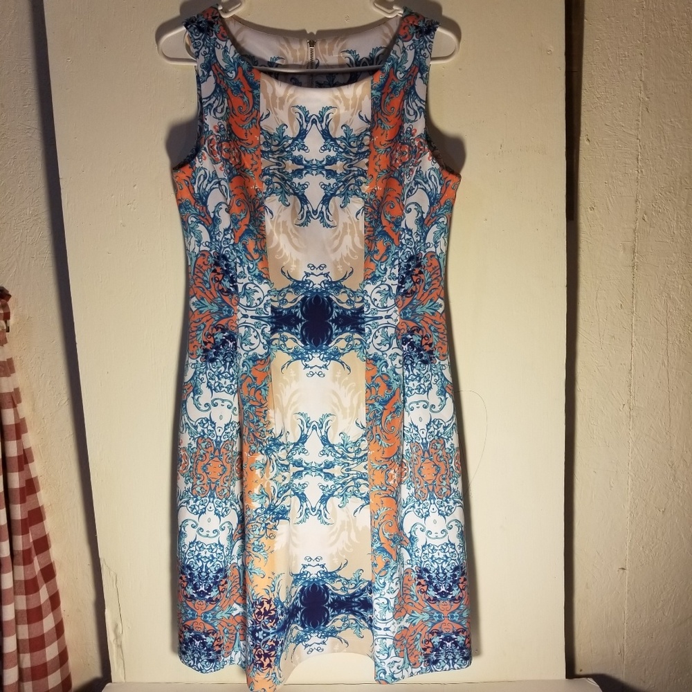 Scuba Fit And Flare Dress Orange White blue Taupe - Picture 3 of 8